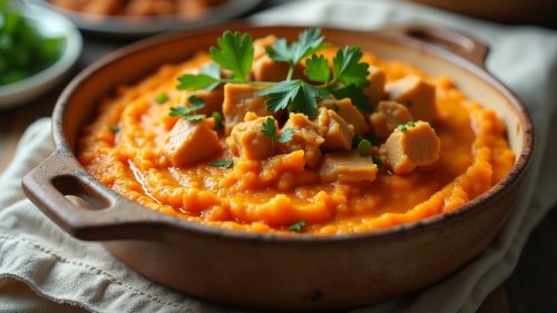 Escondidinho de batata-doce com frango ou lentilhas