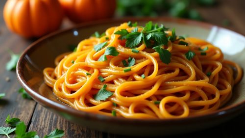Macarrão integral ao molho de abóbora e ervas